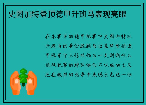 史图加特登顶德甲升班马表现亮眼